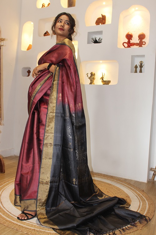 Pure Ahimsa Tussar/Kosa Silk Naturally Dyed Handloom Saree