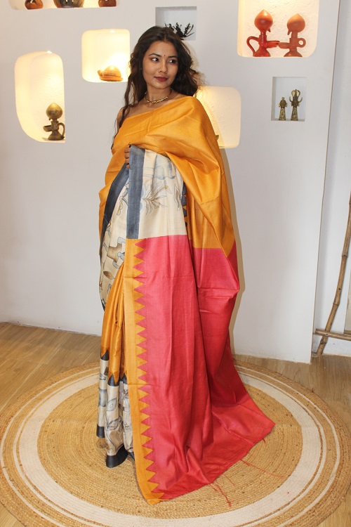 Pure Ahimsa Tussar/Kosa Silk Naturally Dyed Kalamkari Saree